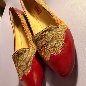 Miz Mooz Red Leather & Woven Multicolor Slip-On Loafers